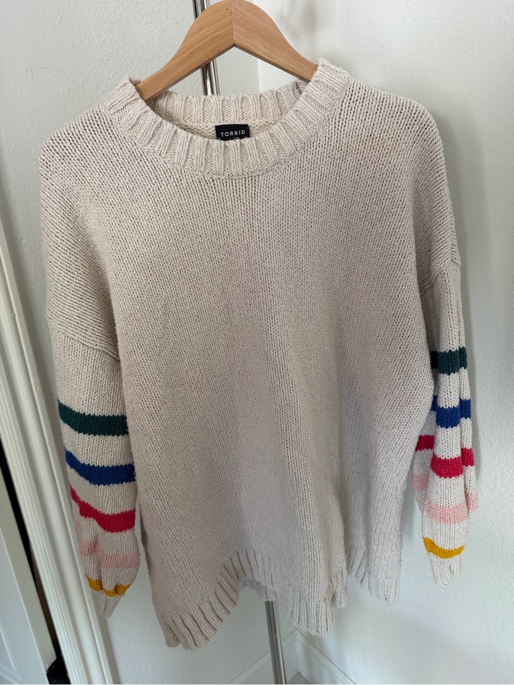 torrid Cream Crewneck Sweater with Multicolor Stripe Sleeves